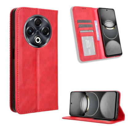 Magnetic buckle leather phone case with wallet slots, red retro texture