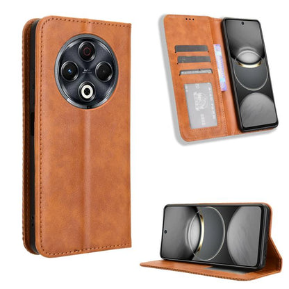 Magnetic buckle leather phone case with wallet slots, tan retro texture