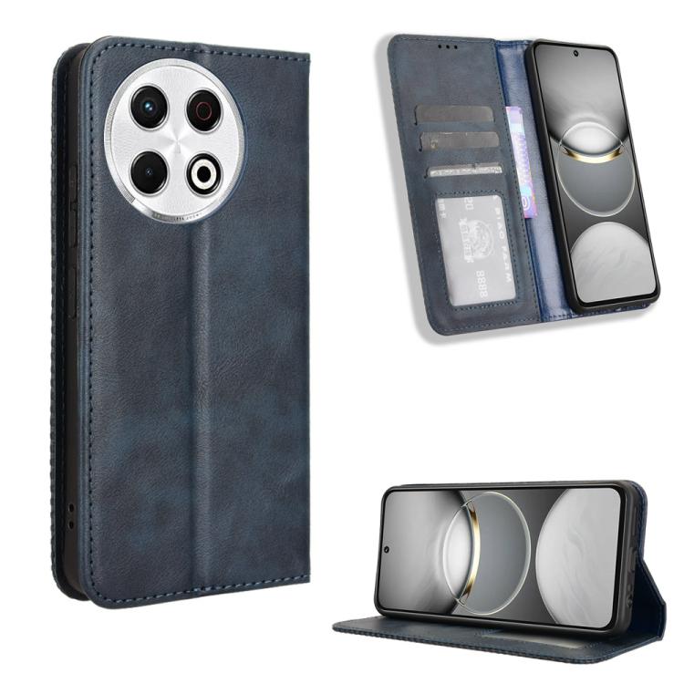 Magnetic flip leather phone case with card slots, dark blue retro texture.