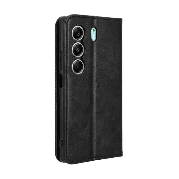 Black leather phone case with retro texture and camera cutouts
