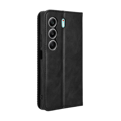 Black leather phone case with retro texture and camera cutouts