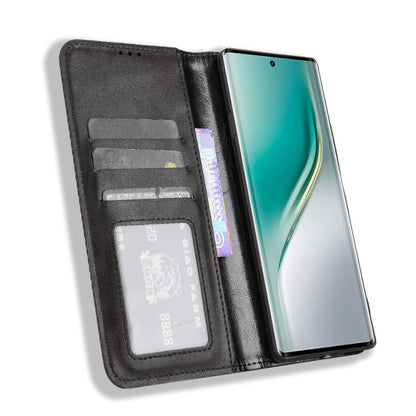 Black magnetic leather phone case with card slots and fold-over phone holder