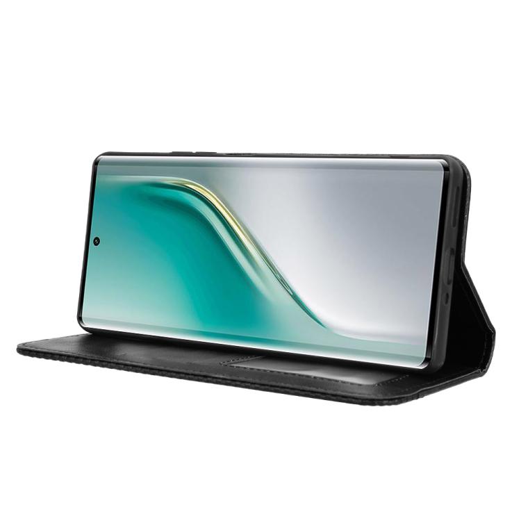 Black leather phone case with fold-out stand for landscape viewing