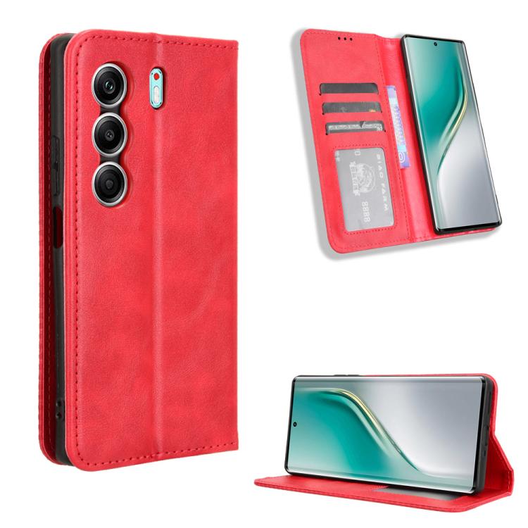 Red magnetic leather phone case with card slots and fold-out stand