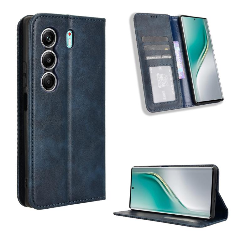 Blue magnetic buckle leather phone case with card holder and fold-out stand