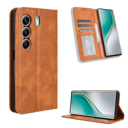 Brown magnetic leather phone case with card slots and fold-out stand