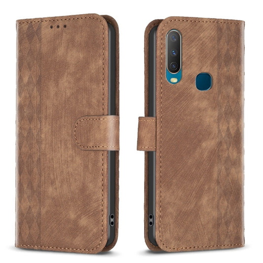 Brown plaid embossed leather folio phone case with magnetic strap and cutout openings