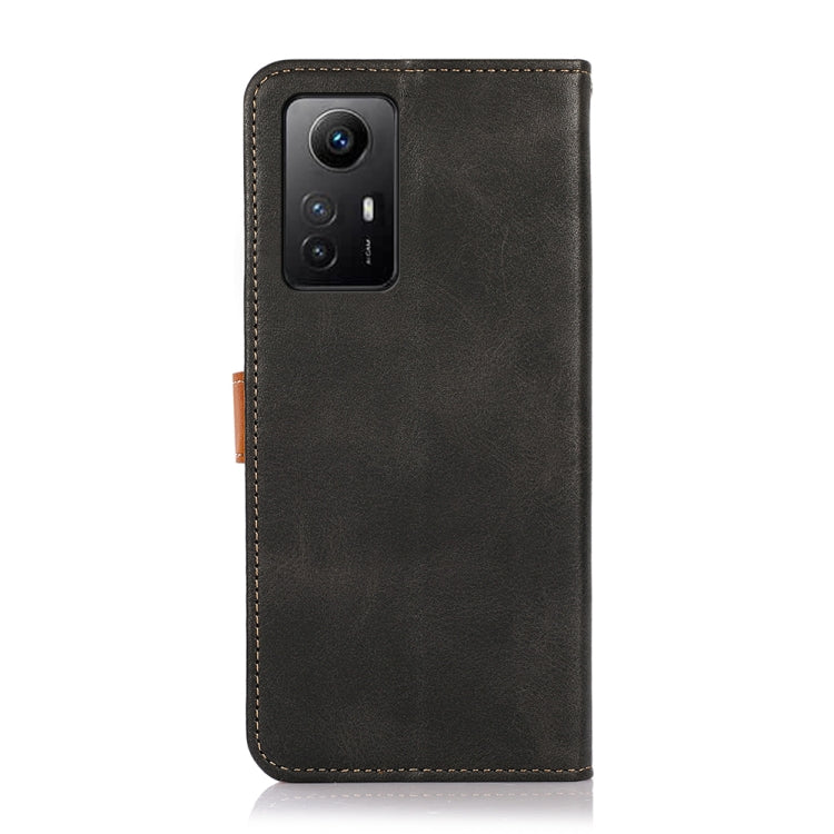 Black leather flip phone case with camera cutout and stitched border