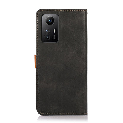 Black leather flip phone case with camera cutout and stitched border