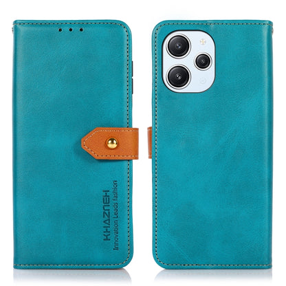 Blue flip leather phone case front and back, with camera cutout and orange strap