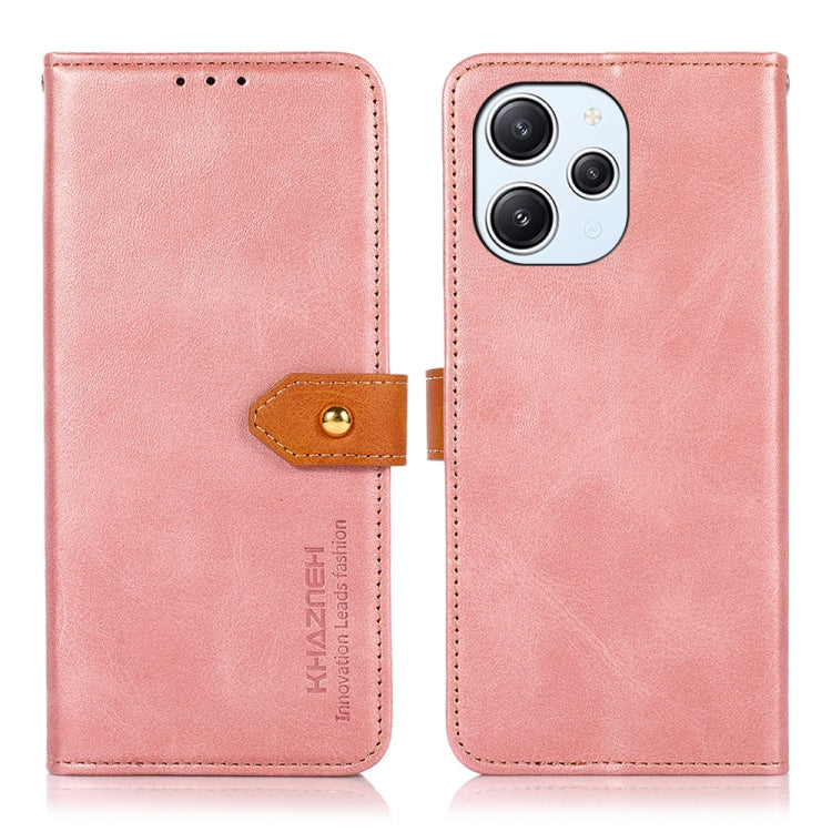 Rose gold leather flip phone case with tan button strap and stitched card-slot cover