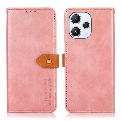 Rose gold leather flip phone case with tan button strap and stitched card-slot cover