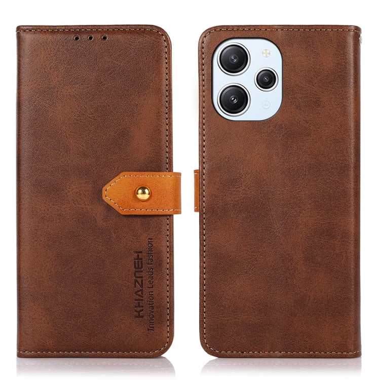 Brown leather flip phone case with tan button strap and cutout for rear cameras