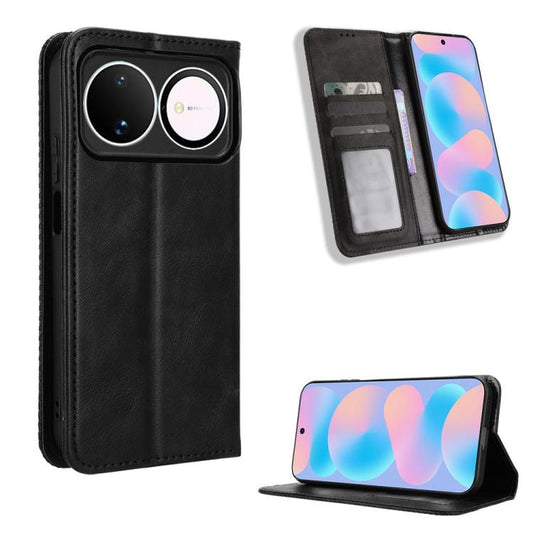 Black magnetic buckle leather phone case with card slots and folio stand, camera cutout.