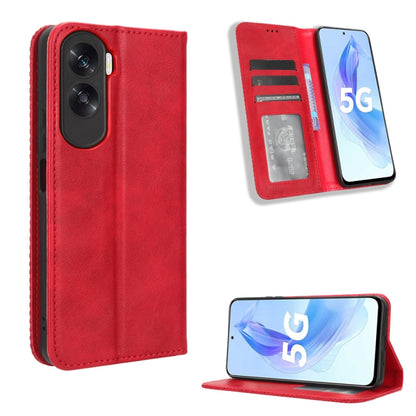 Red leather folio phone case with magnetic buckle, card slots and kickstand