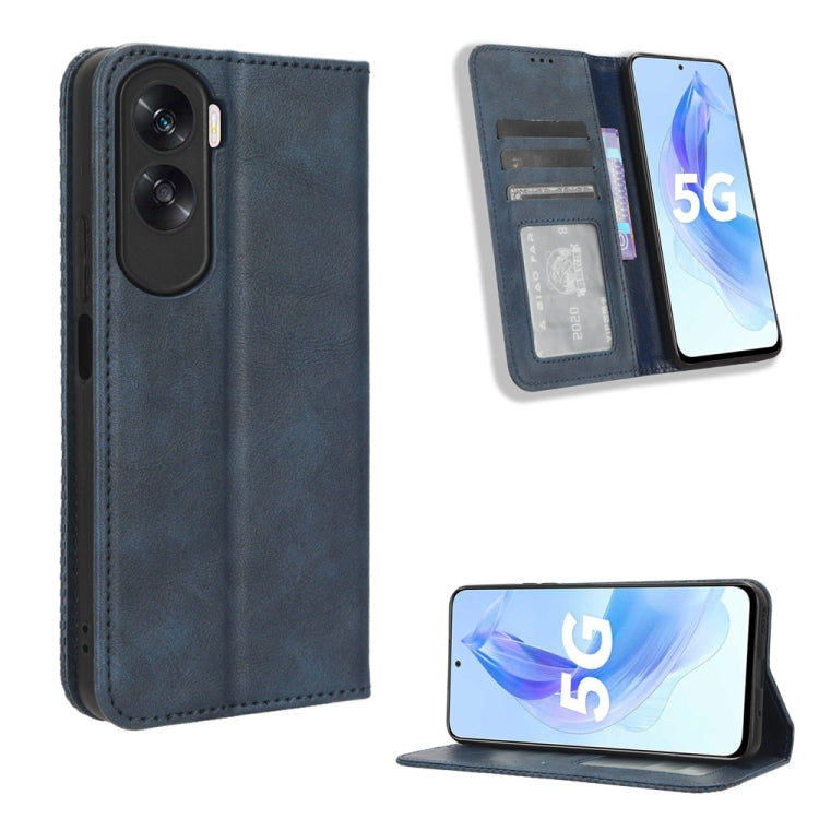 Blue leather phone case with magnetic buckle, card slots and kickstand