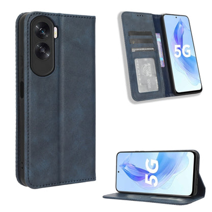 Blue leather phone case with magnetic buckle, card slots and kickstand