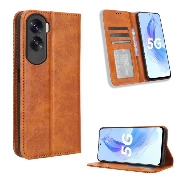 Tan leather phone case with magnetic buckle, card slots and kickstand