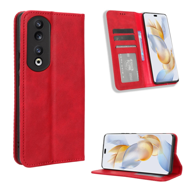 Red retro-texture leather wallet phone case with camera cutout, card slots, and flip cover