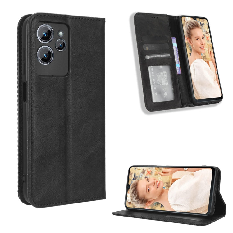 Black retro leather phone case with magnetic buckle, card slot, and folding stand