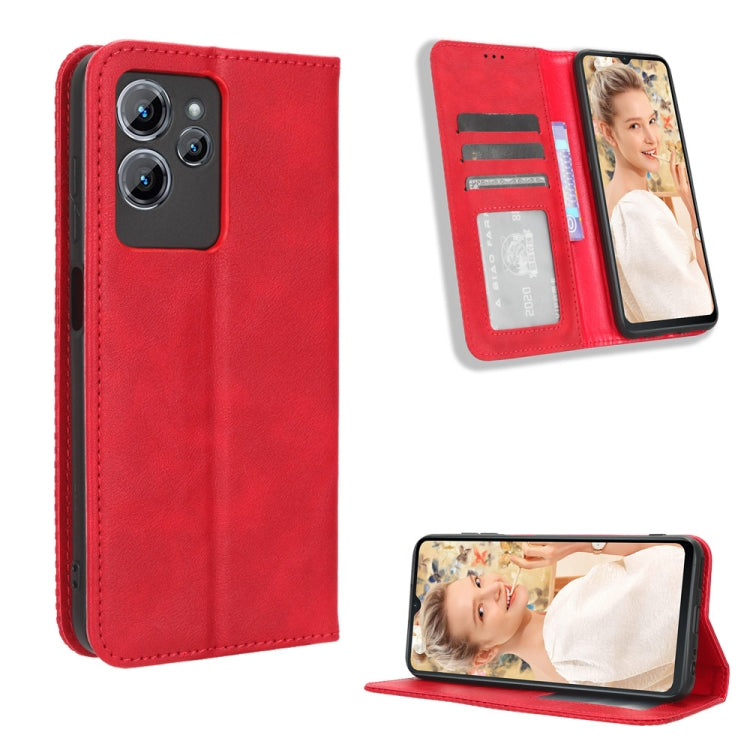 Red retro leather phone case with magnetic buckle, card slot, and folding stand