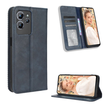 Dark gray retro leather phone case with magnetic buckle, card slot, and folding stand