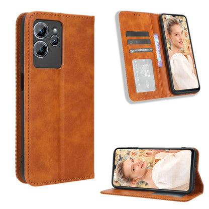 Tan retro leather phone case with magnetic buckle, card slot, and folding stand