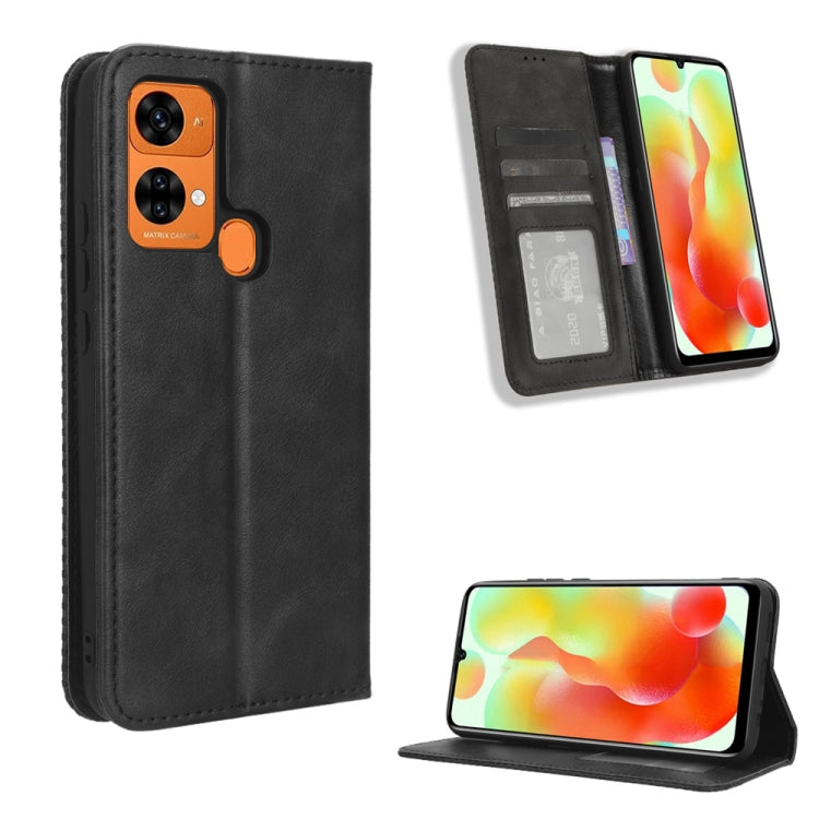 Black retro leather phone case with magnetic buckle, card slot, and folding stand