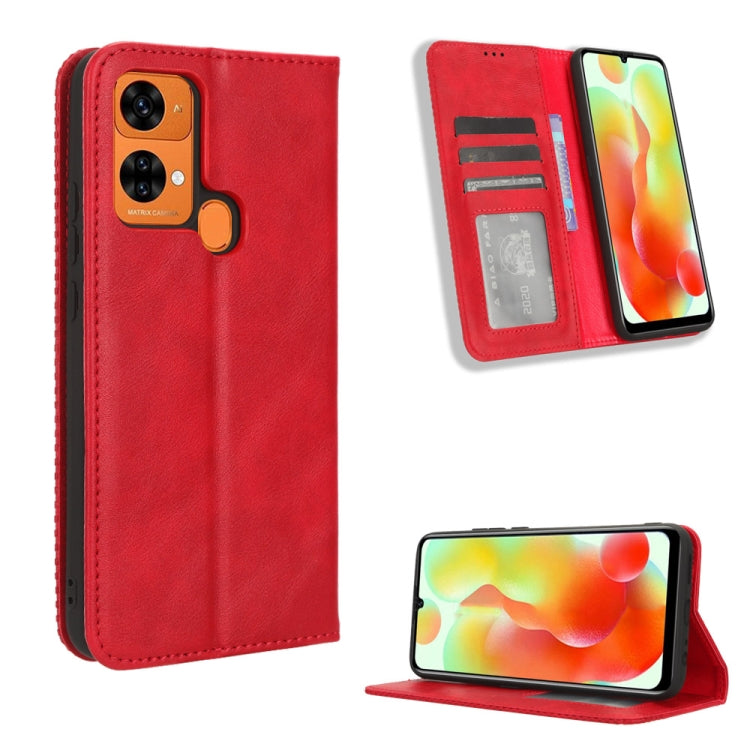 Red retro leather phone case with magnetic buckle, card slot, and folding stand