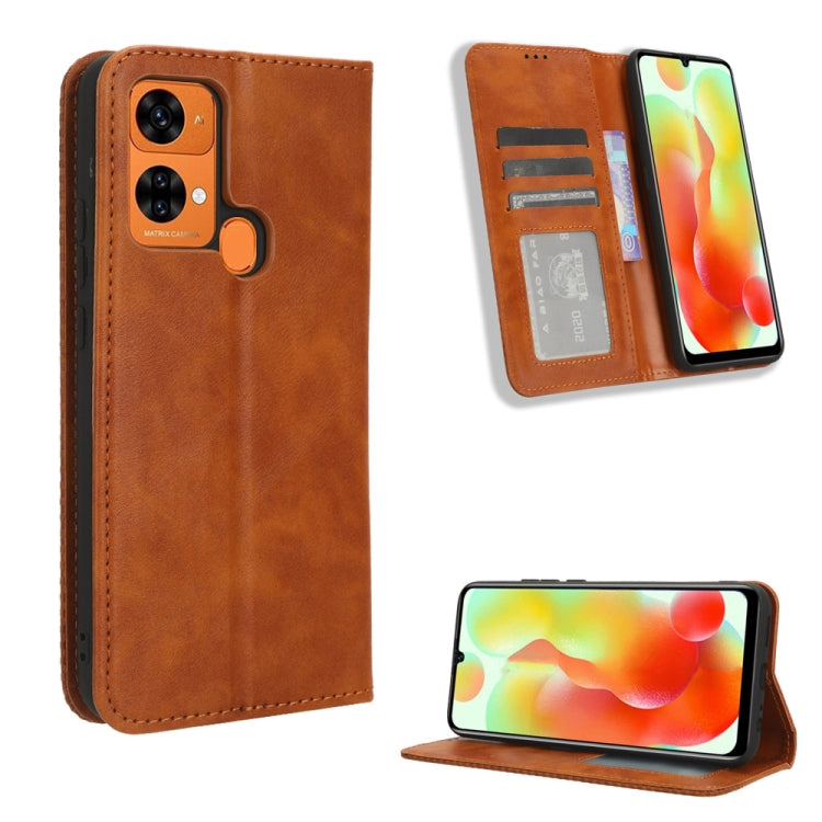 Tan retro leather phone case with magnetic buckle, card slot, and folding stand