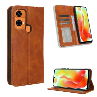 Tan retro leather phone case with magnetic buckle, card slot, and folding stand
