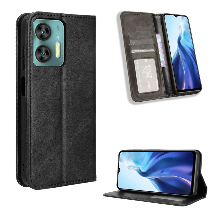 Magnetic buckle retro leather phone case in black, with card slots and kickstand
