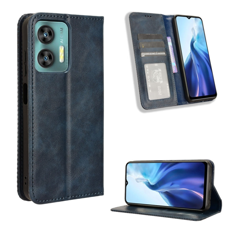 Magnetic buckle retro leather phone case in dark blue, with card slots and stand