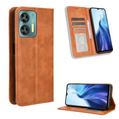 Brown retro leather phone case with magnetic buckle, card slot, and folding stand