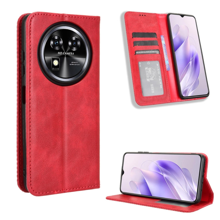 Magnetic buckle leather phone case with retro texture, card slots and stand, red