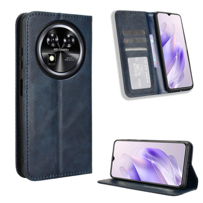Magnetic buckle leather phone case with retro texture, card slots and stand, dark blue
