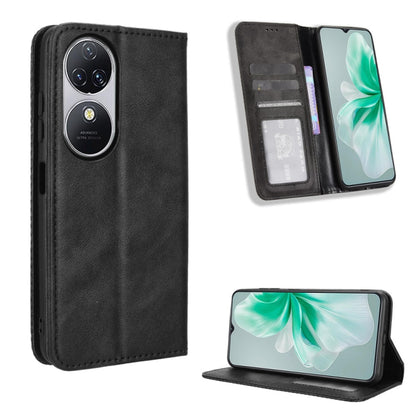 Magnetic buckle retro leather phone case in black, with card slots and stand