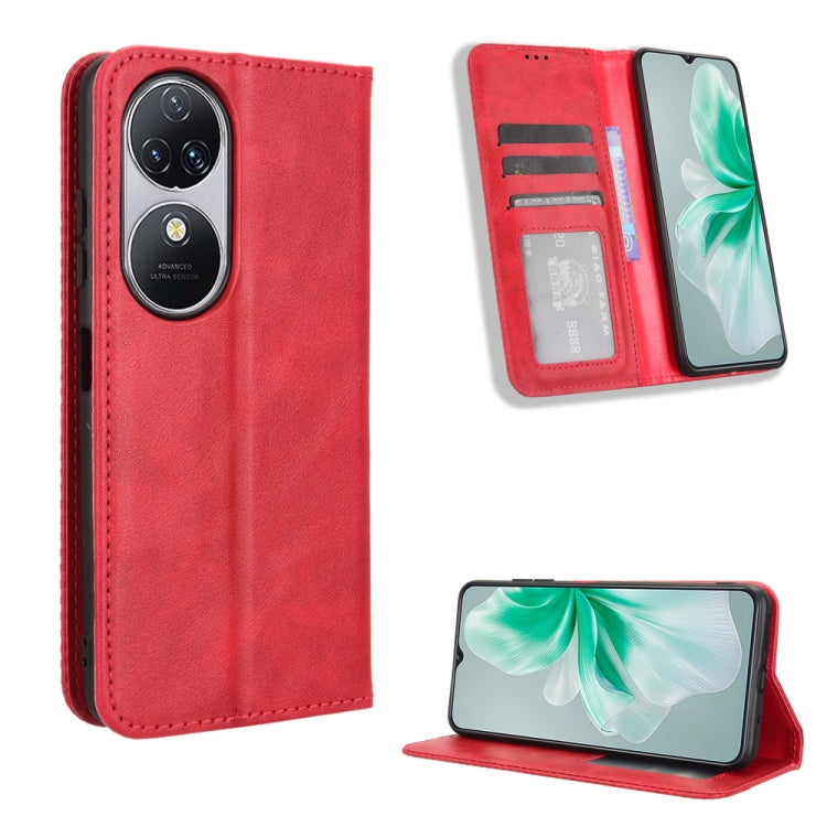 Magnetic buckle retro leather phone case in red, flip cover with card slots