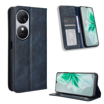 Magnetic buckle retro leather phone case in dark blue, wallet-style card slots