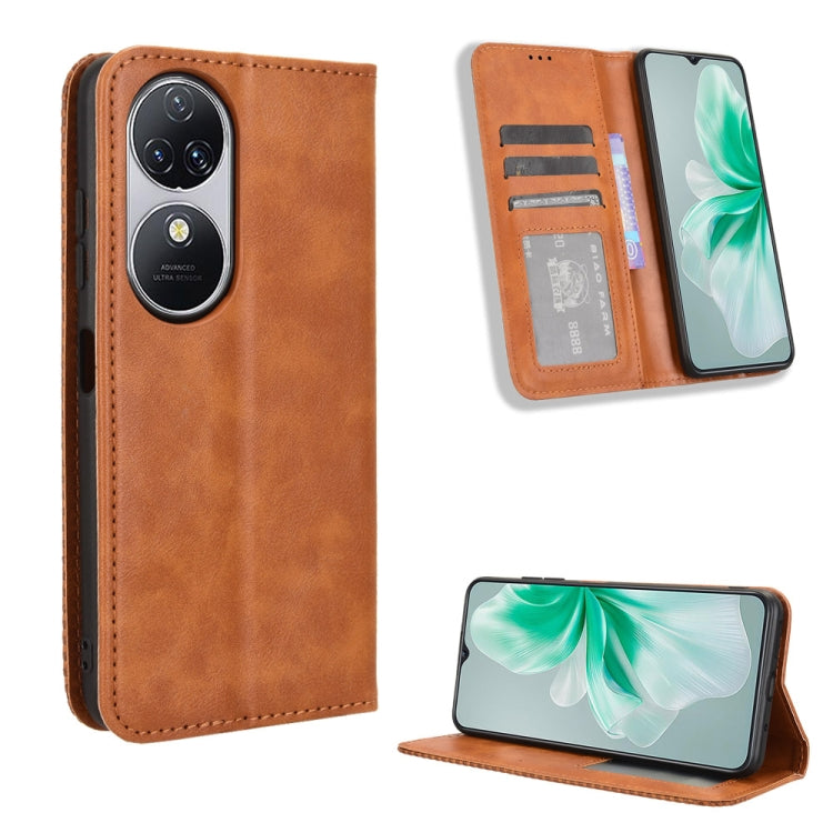 Magnetic buckle retro leather phone case in brown, folio cover with card slots