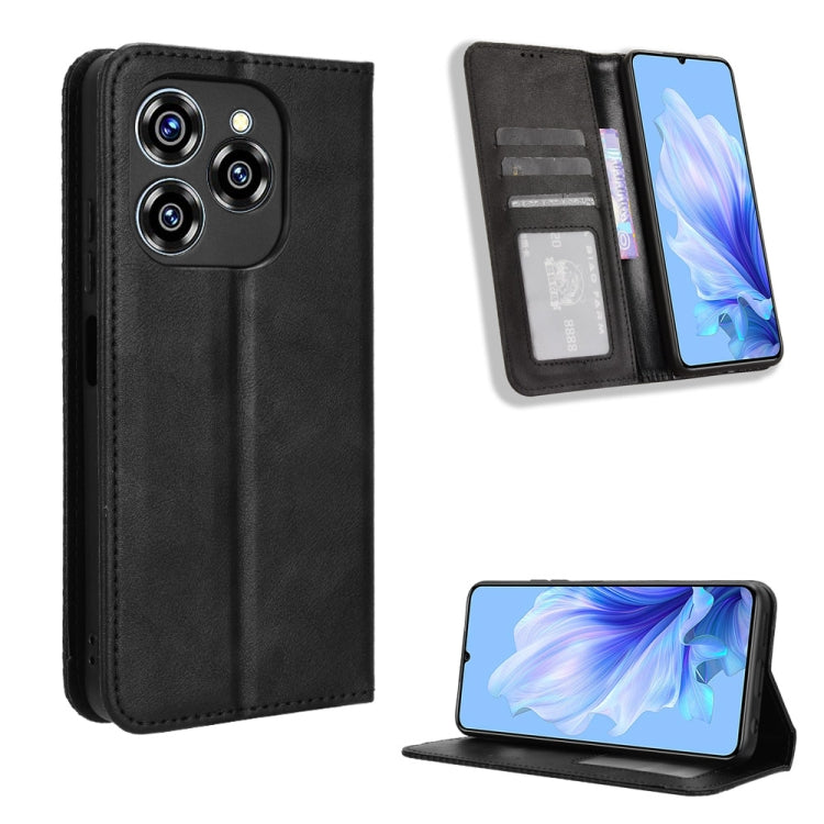 Magnetic buckle leather phone case with retro texture, card slots and stand, black