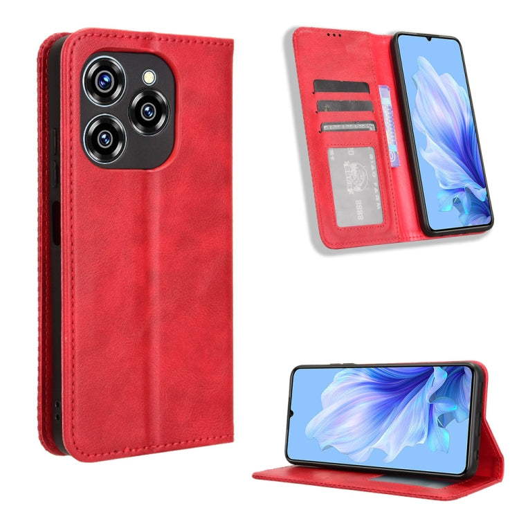 Magnetic buckle leather phone case with retro texture, card slots and stand, red