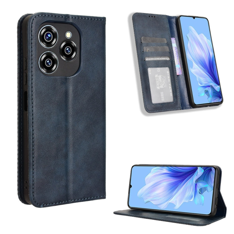 Magnetic buckle leather phone case with retro texture, card slots and stand, dark blue