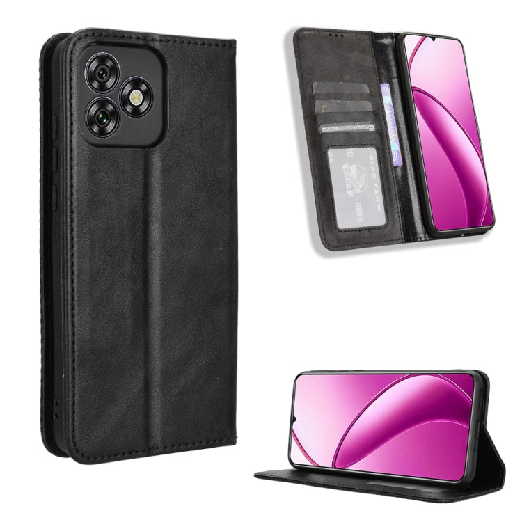Black retro-textured leather phone case with magnetic buckle and card slots