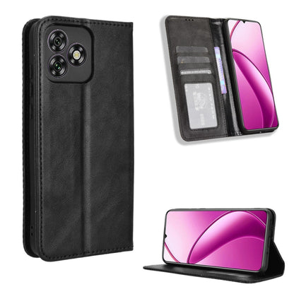 Black retro-textured leather phone case with magnetic buckle and card slots