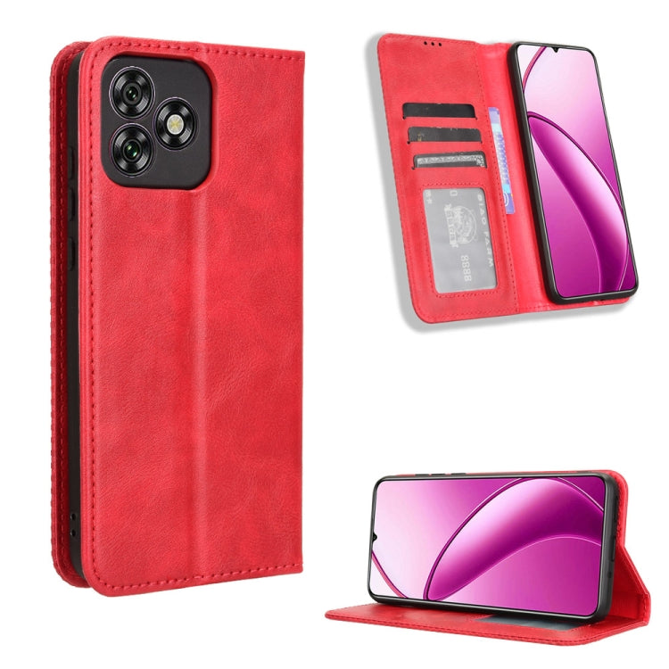 Red retro-textured leather phone case with magnetic buckle and card slots
