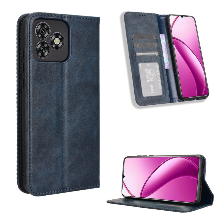 Dark blue retro-textured leather phone case with magnetic buckle and card slots