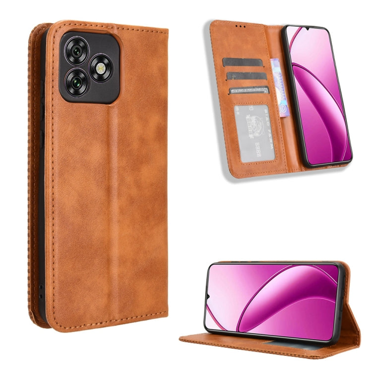 Magnetic buckle leather phone case with retro texture, card slots and stand, brown