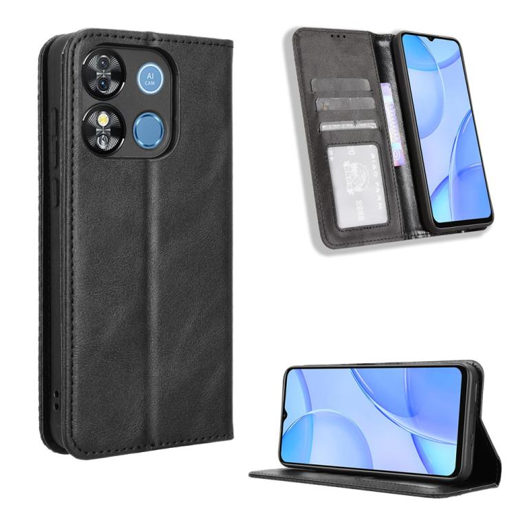 Black retro-textured leather phone case with magnetic buckle and card slots