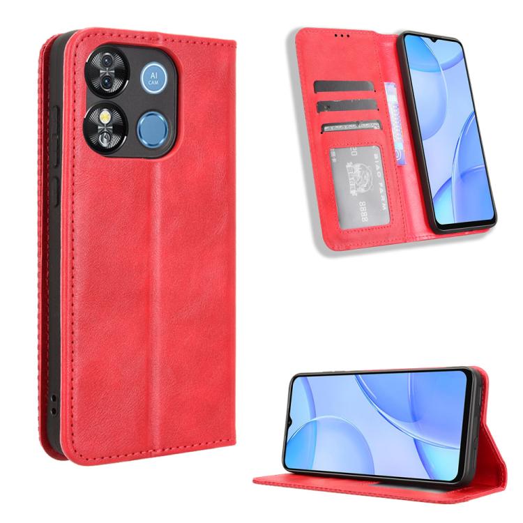 Red retro-textured leather phone case with magnetic buckle and card slots